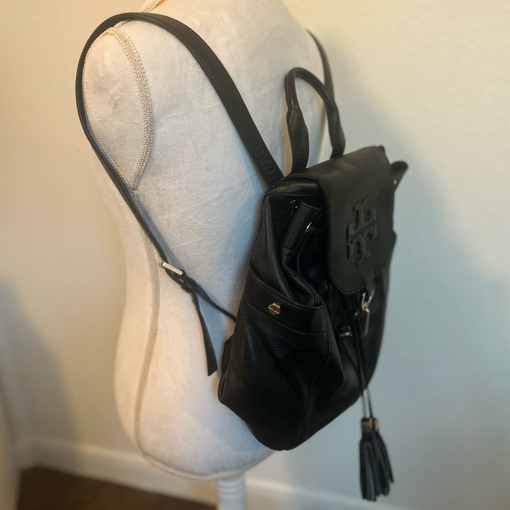 Tory Burch Black Leather Logo Drawstring Backpack - Picture 3 of 16